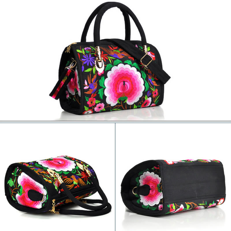 Bolso de mano tipo bandolera con bordado de doble cara de lona con diseño de árbol del dinero, peonías y camelias y piedras de Buddha Stones