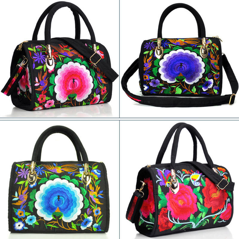 Bolso de mano tipo bandolera con bordado de doble cara de lona con diseño de árbol del dinero, peonías y camelias y piedras de Buddha Stones