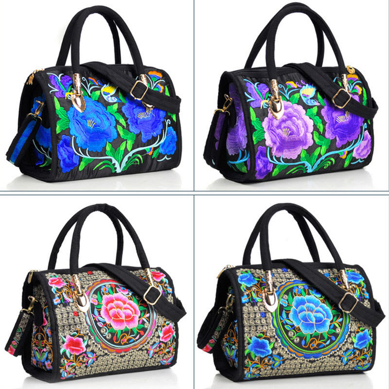 Bolso de mano tipo bandolera con bordado de doble cara de lona con diseño de árbol del dinero, peonías y camelias y piedras de Buddha Stones