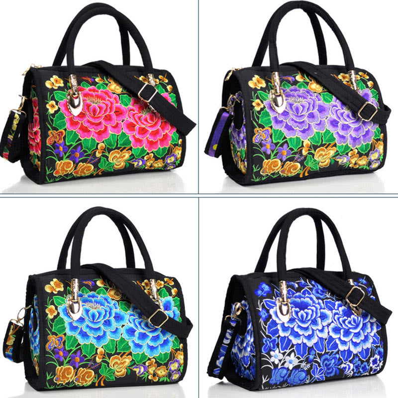 Bolso de mano tipo bandolera con bordado de doble cara de lona con diseño de árbol del dinero, peonías y camelias y piedras de Buddha Stones