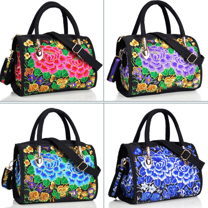 Bolso de mano tipo bandolera con bordado de doble cara de lona con diseño de árbol del dinero, peonías y camelias y piedras de Buddha Stones