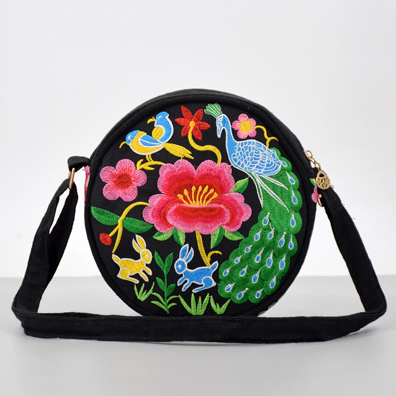 Bolso de mano de lona con bordado de doble cara, bolso cruzado, bolso de mano, árbol del dinero, flores de peonía, rosa, pavo real, Galsang, Inula