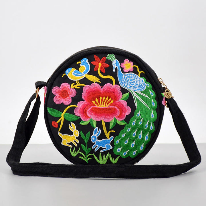 Bolso de mano de lona con bordado de doble cara, bolso cruzado, bolso de mano, árbol del dinero, flores de peonía, rosa, pavo real, Galsang, Inula