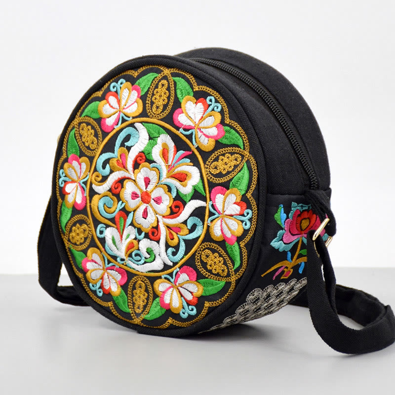 Bolso de mano de lona con bordado de doble cara, bolso cruzado, bolso de mano, árbol del dinero, flores de peonía, rosa, pavo real, Galsang, Inula
