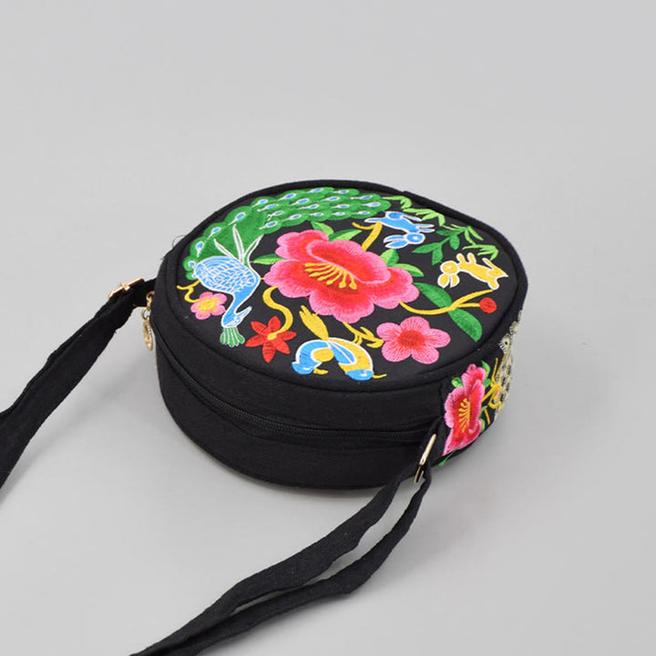 Bolso de mano de lona con bordado de doble cara, bolso cruzado, bolso de mano, árbol del dinero, flores de peonía, rosa, pavo real, Galsang, Inula