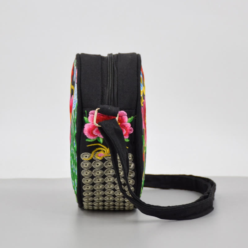 Bolso de mano de lona con bordado de doble cara, bolso cruzado, bolso de mano, árbol del dinero, flores de peonía, rosa, pavo real, Galsang, Inula