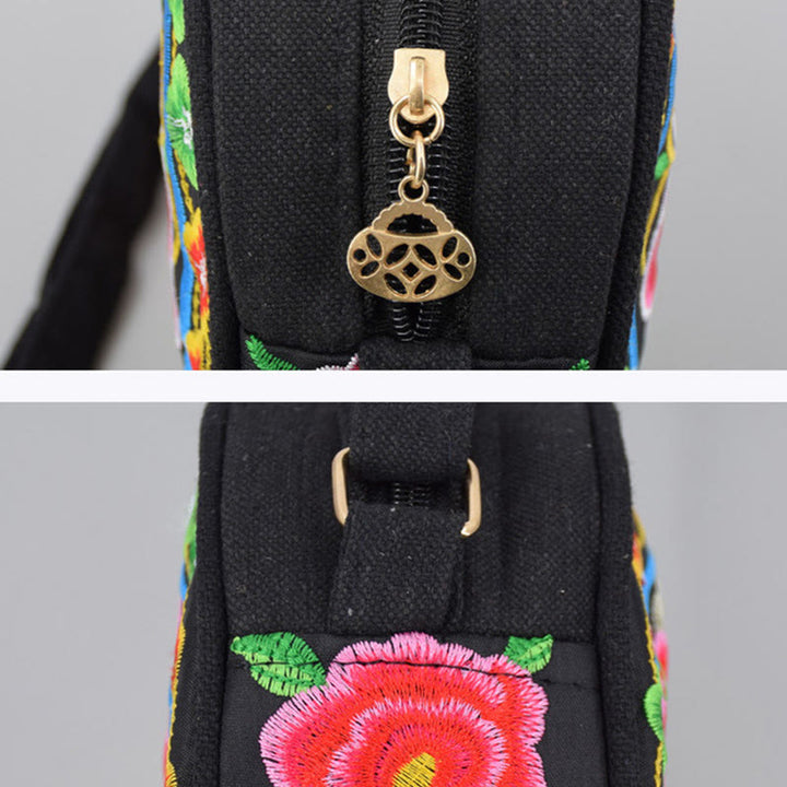 Bolso de mano de lona con bordado de doble cara, bolso cruzado, bolso de mano, árbol del dinero, flores de peonía, rosa, pavo real, Galsang, Inula
