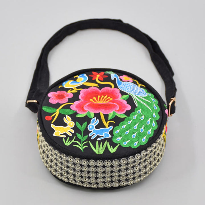 Bolso de mano de lona con bordado de doble cara, bolso cruzado, bolso de mano, árbol del dinero, flores de peonía, rosa, pavo real, Galsang, Inula
