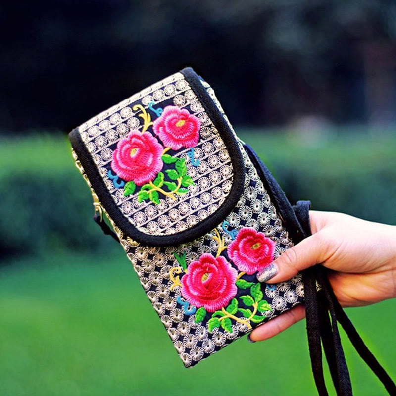 Mochila de lona con bordado de rosas y flores de Inula y Buddha Stones