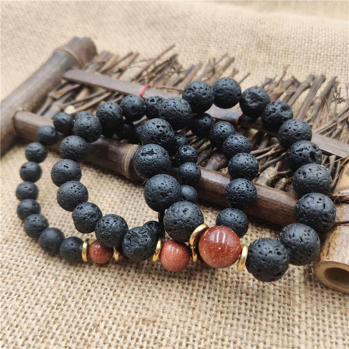 Pulsera curativa de piedra arenisca azul, piedra de lava y Buddha Stones