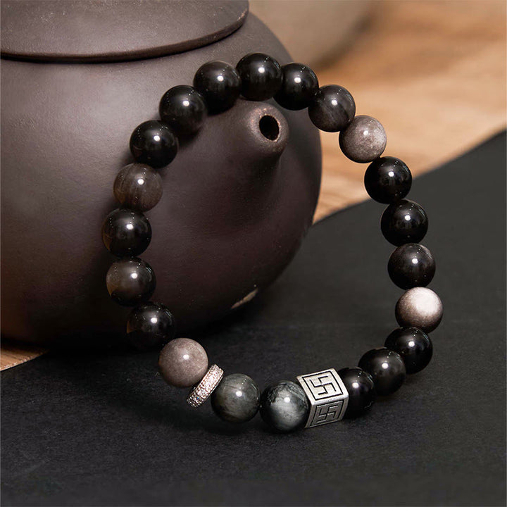 Buddha Stones Pulsera de Fuerza y Coraje de Ojo de Águila de Obsidiana Negra
