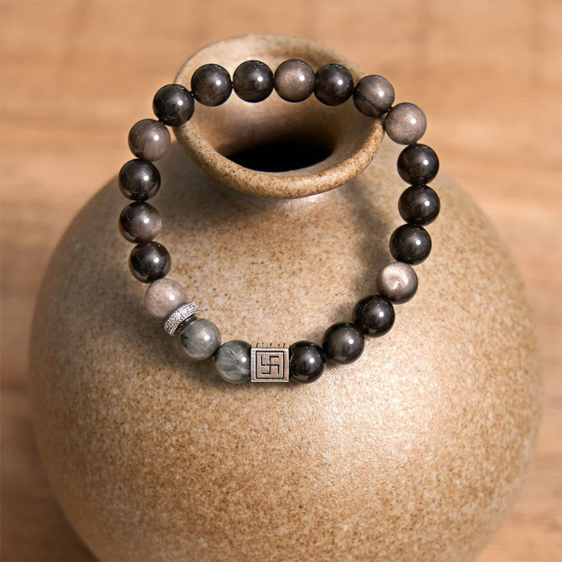 Buddha Stones Pulsera de Fuerza y Coraje de Ojo de Águila de Obsidiana Negra
