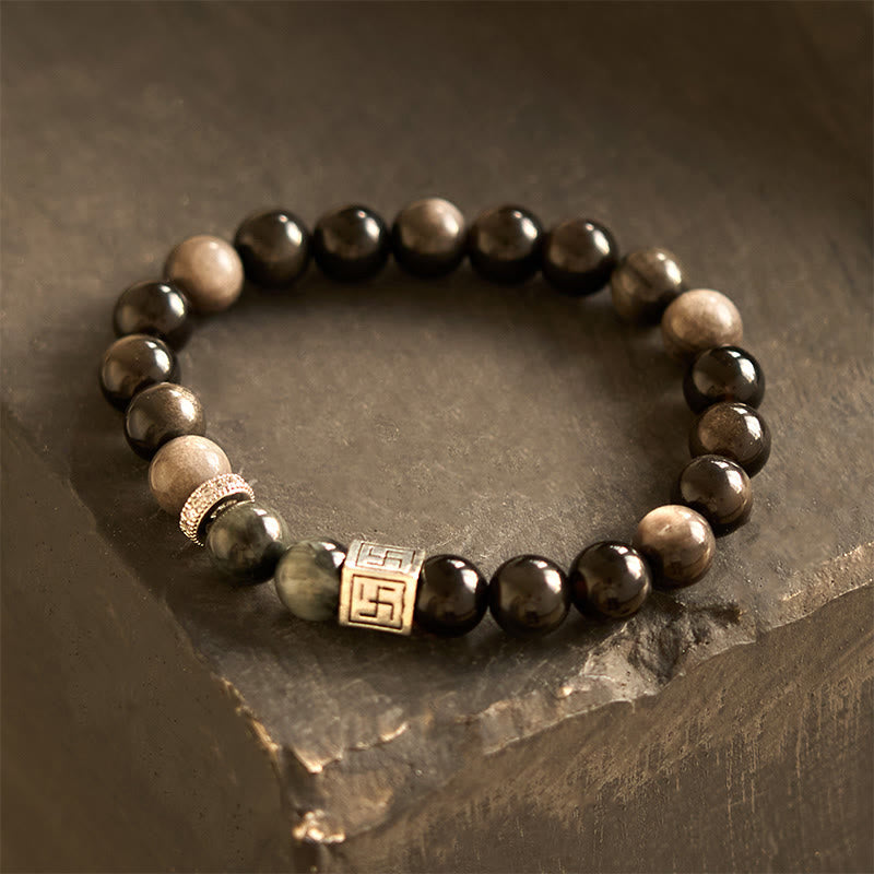 Buddha Stones Pulsera de Fuerza y Coraje de Ojo de Águila de Obsidiana Negra