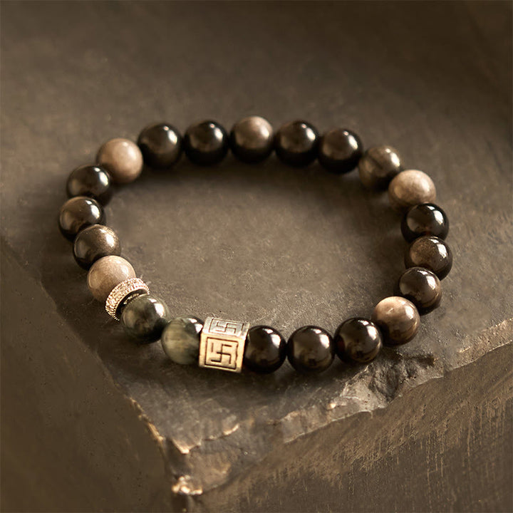 Buddha Stones Pulsera de Fuerza y Coraje de Ojo de Águila de Obsidiana Negra