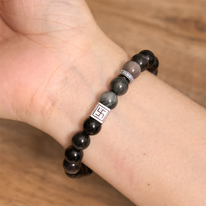 Buddha Stones Pulsera de Fuerza y Coraje de Ojo de Águila de Obsidiana Negra