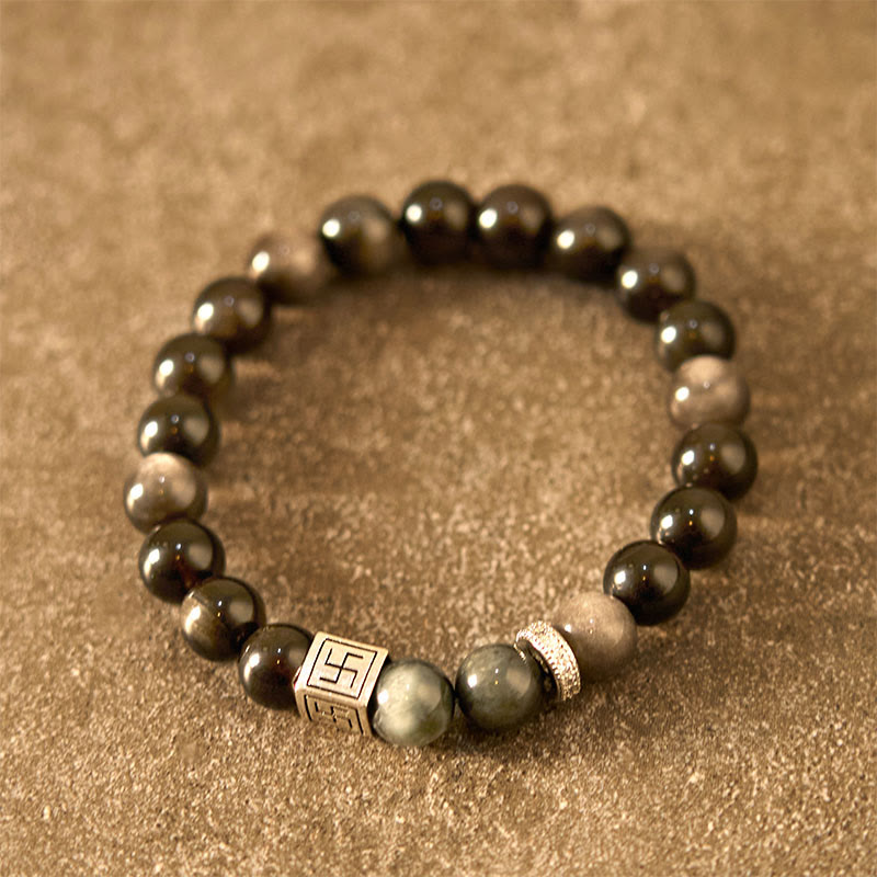 Buddha Stones Pulsera de Fuerza y Coraje de Ojo de Águila de Obsidiana Negra