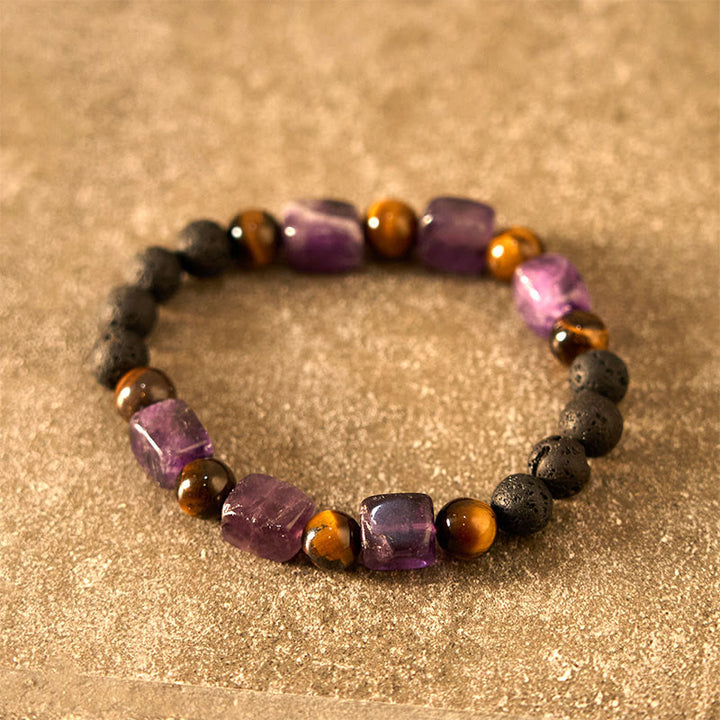 Pulsera de soporte de piedra de lava con amatista y cubo de varios cristales y Buddha Stones