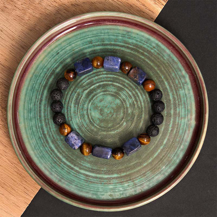 Pulsera de soporte de piedra de lava con amatista y cubo de varios cristales y Buddha Stones