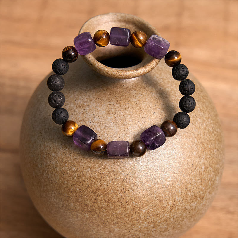 Pulsera de soporte de piedra de lava con amatista y cubo de varios cristales y Buddha Stones