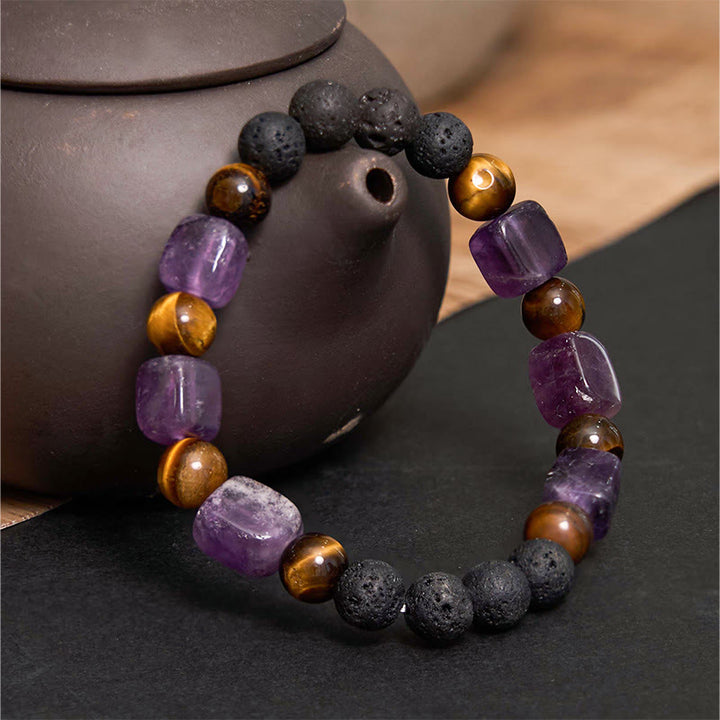 Pulsera de soporte de piedra de lava con amatista y cubo de varios cristales y Buddha Stones