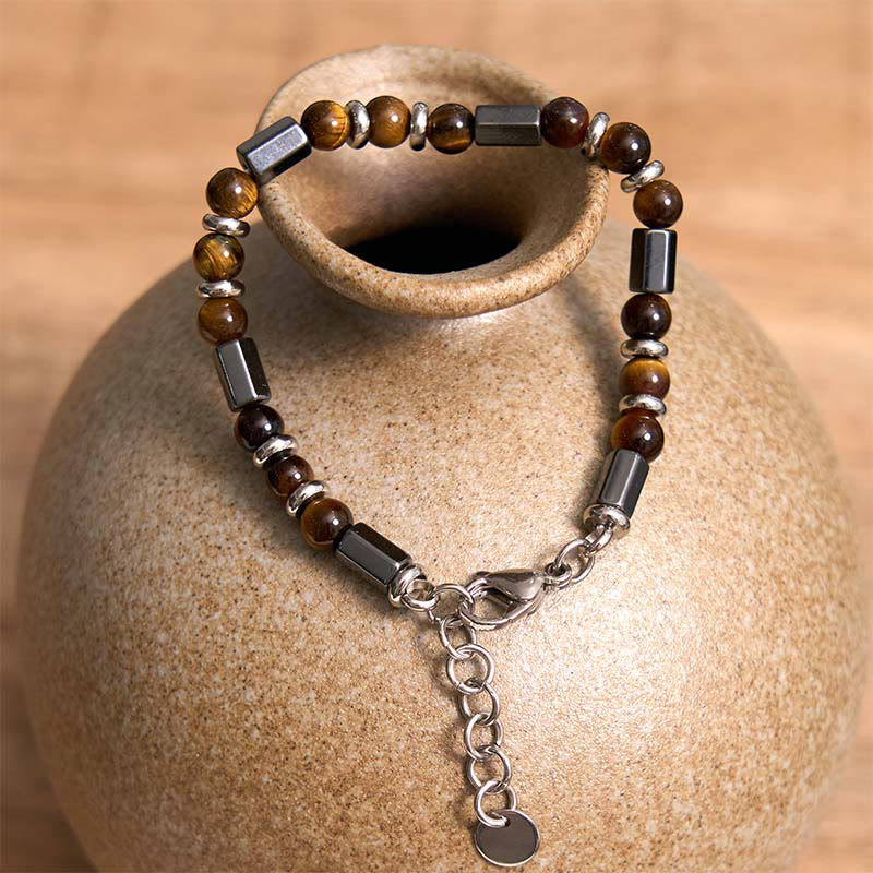 Pulsera de cadena con hebilla de hematita y ojo de tigre con Buddha Stones