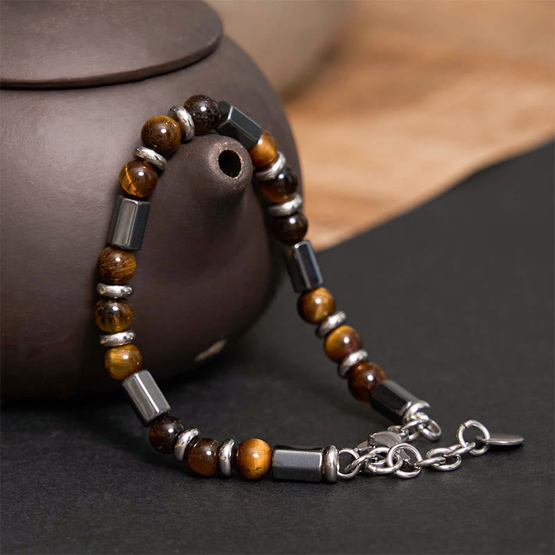Pulsera de cadena con hebilla de hematita y ojo de tigre con Buddha Stones