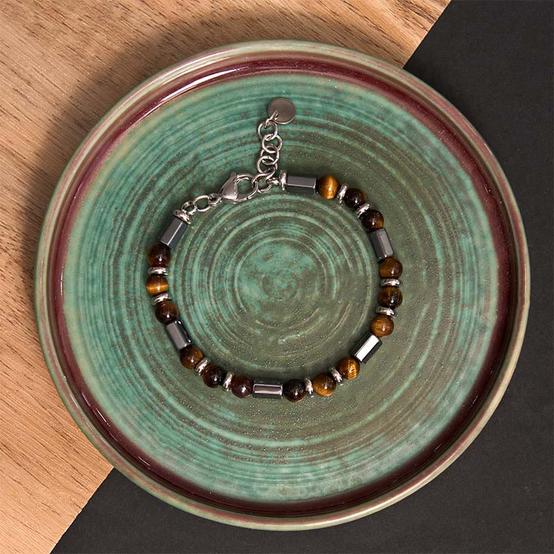 Pulsera de cadena con hebilla de hematita y ojo de tigre con Buddha Stones