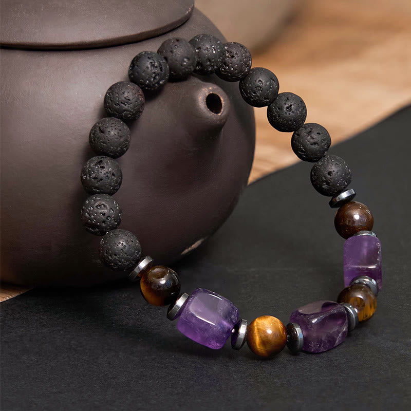 Pulsera de piedra de lava con cristales variados y Buddha Stones