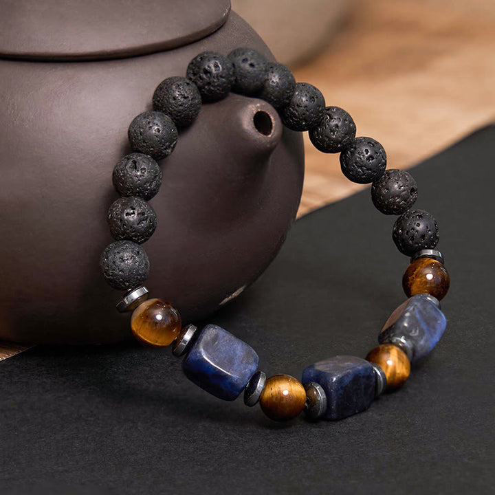 Pulsera de piedra de lava con cristales variados y Buddha Stones