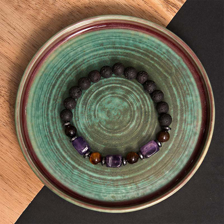 Pulsera de piedra de lava con cristales variados y Buddha Stones