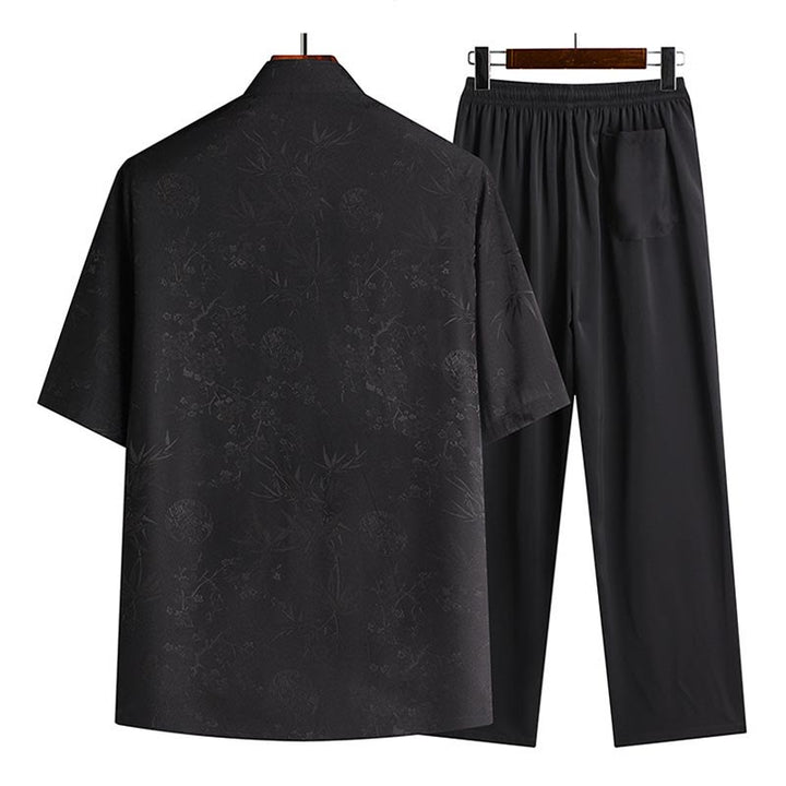 Buddha Stones Traje Tang de bambú con flor de melocotón para hombre, uniforme tradicional Hanfu, camiseta de manga corta, pantalones y conjunto de ropa - image 3
