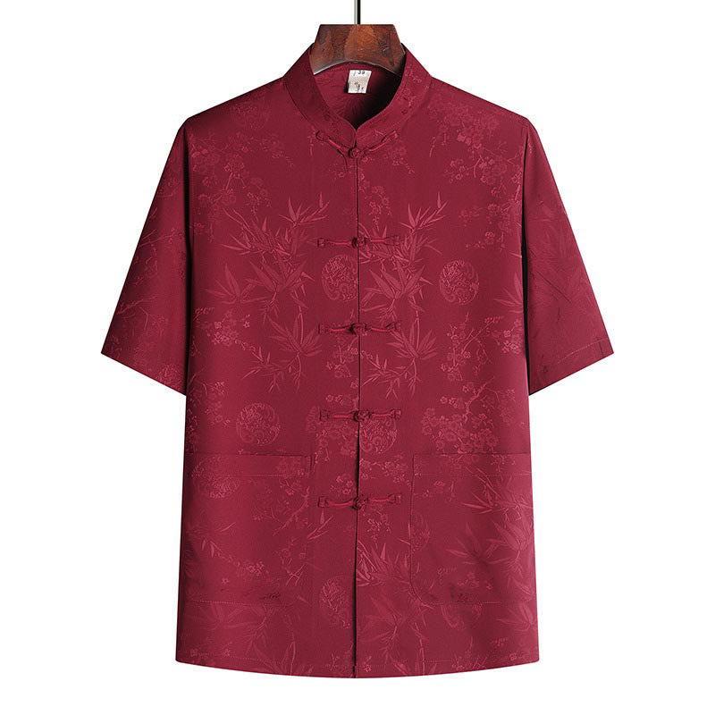 Buddha Stones Traje Tang de bambú con flor de melocotón para hombre, uniforme tradicional Hanfu, camiseta de manga corta, pantalones y conjunto de ropa - Top rojo - US/UK/AU42, EU52 (3XL) - image 6