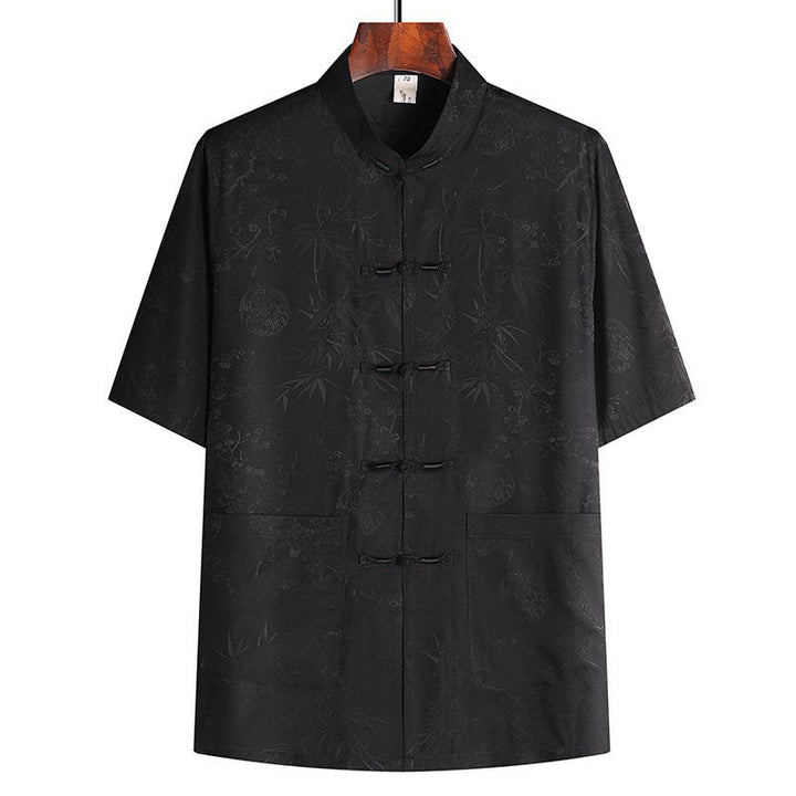 Buddha Stones Traje Tang de bambú con flor de melocotón para hombre, uniforme tradicional Hanfu, camiseta de manga corta, pantalones y conjunto de ropa - Top negro - US/UK/AU42, EU52 (3XL) - image 8