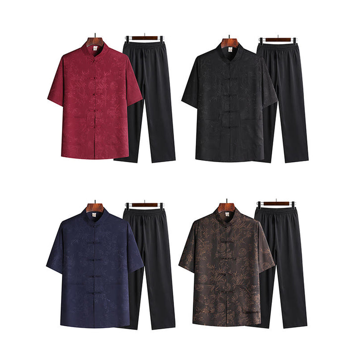 Buddha Stones Traje Tang de bambú con flor de melocotón para hombre, uniforme tradicional Hanfu, camiseta de manga corta, pantalones y conjunto de ropa - image 13