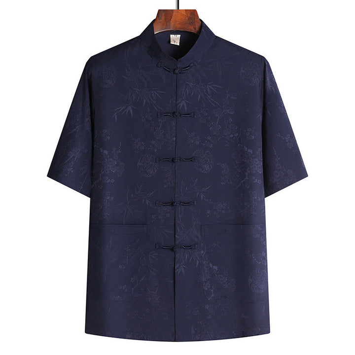 Buddha Stones Traje Tang de bambú con flor de melocotón para hombre, uniforme tradicional Hanfu, camiseta de manga corta, pantalones y conjunto de ropa - Top azul marino - US/UK/AU42, EU52 (3XL) - image 7