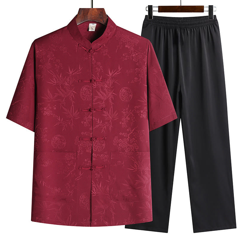 Buddha Stones Traje Tang de bambú con flor de melocotón para hombre, uniforme tradicional Hanfu, camiseta de manga corta, pantalones y conjunto de ropa - Rojo (Top y pantalón) - US/UK/AU42, EU52 (3XL) - image 1