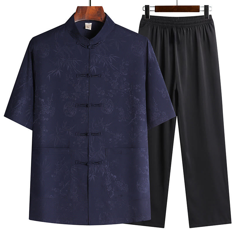 Buddha Stones Traje Tang de bambú con flor de melocotón para hombre, uniforme tradicional Hanfu, camiseta de manga corta, pantalones y conjunto de ropa - Azul marino (Top y pantalones) - US/UK/AU42, EU52 (3XL) - image 4