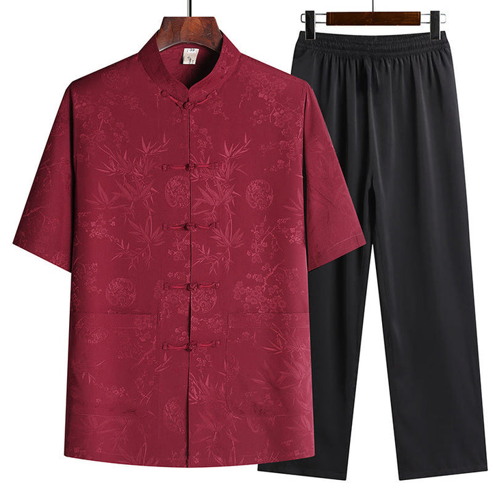 Buddha Stones Traje Tang de bambú con flor de melocotón para hombre, uniforme tradicional Hanfu, camiseta de manga corta, pantalones y conjunto de ropa - Rojo (Top y pantalones) - US/UK/AU42, EU52 (3XL) - image 1