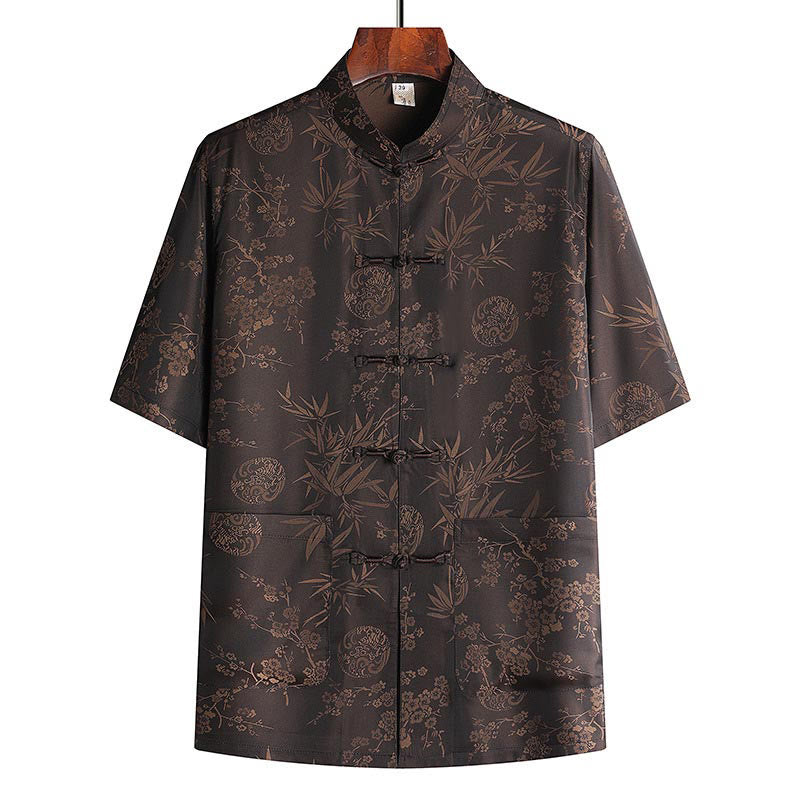 Buddha Stones Traje Tang de bambú con flor de melocotón para hombre, uniforme tradicional Hanfu, camiseta de manga corta, pantalones y conjunto de ropa - Parte superior marrón - US/UK/AU42, EU52 (3XL) - image 5