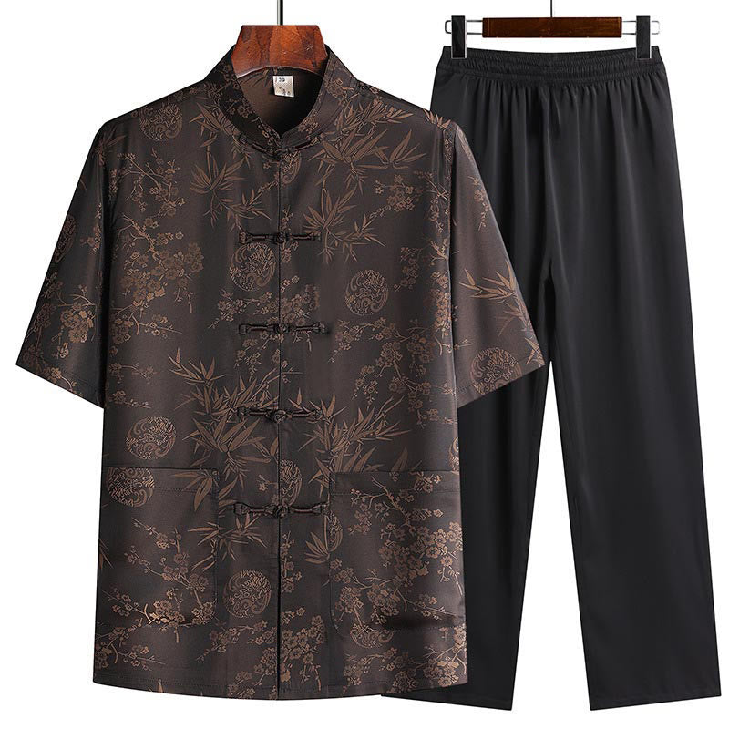 Buddha Stones Traje Tang de bambú con flor de melocotón para hombre, uniforme tradicional Hanfu, camiseta de manga corta, pantalones y conjunto de ropa - Marrón (Top y pantalón) - US/UK/AU42, EU52 (3XL) - image 0
