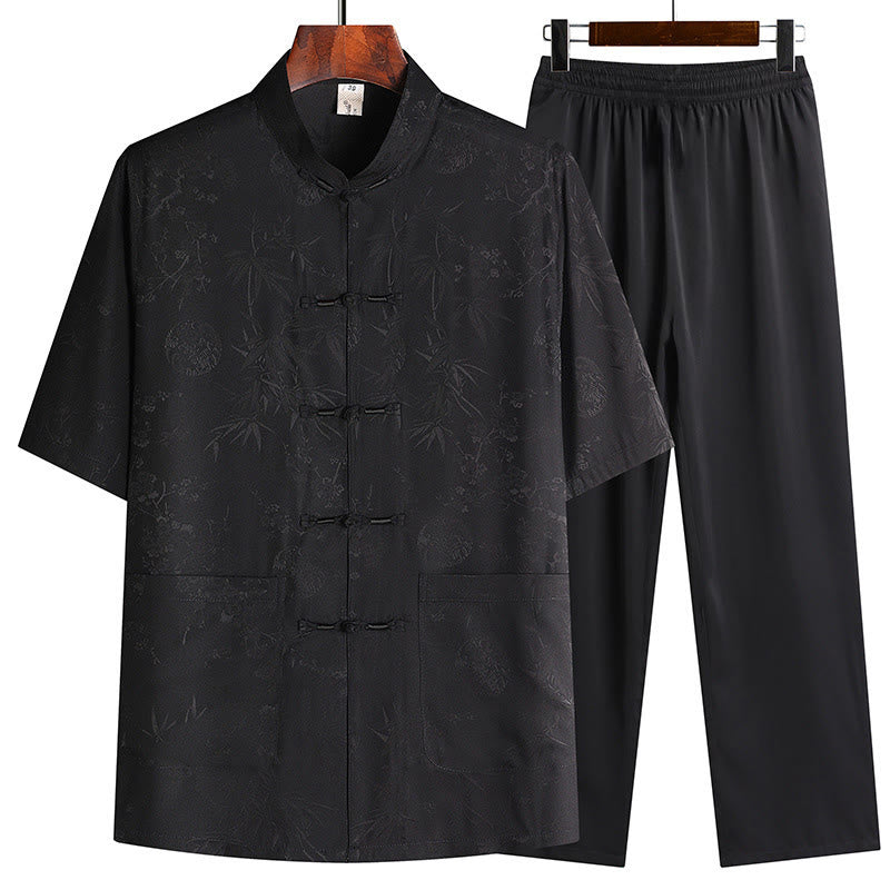 Buddha Stones Traje Tang de bambú con flor de melocotón para hombre, uniforme tradicional Hanfu, camiseta de manga corta, pantalones y conjunto de ropa - Negro (Top y pantalones) - US/UK/AU42, EU52 (3XL) - image 2