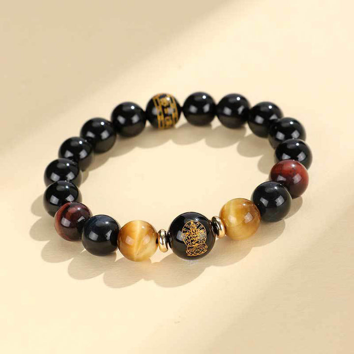Pulsera de soporte de Buda con Buddha Stones de ónix negro, ojo de tigre, Om Mani Padme Hum, zodíaco chino