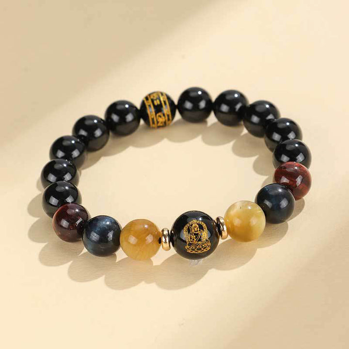 Pulsera de soporte de Buda con Buddha Stones de ónix negro, ojo de tigre, Om Mani Padme Hum, zodíaco chino