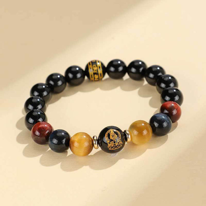 Pulsera de soporte de Buda con Buddha Stones de ónix negro, ojo de tigre, Om Mani Padme Hum, zodíaco chino