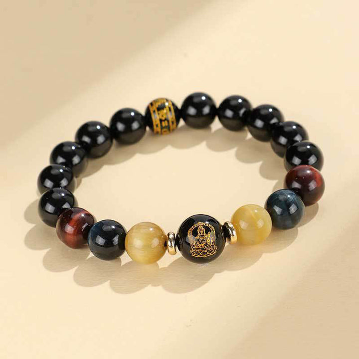 Pulsera de soporte de Buda con Buddha Stones de ónix negro, ojo de tigre, Om Mani Padme Hum, zodíaco chino