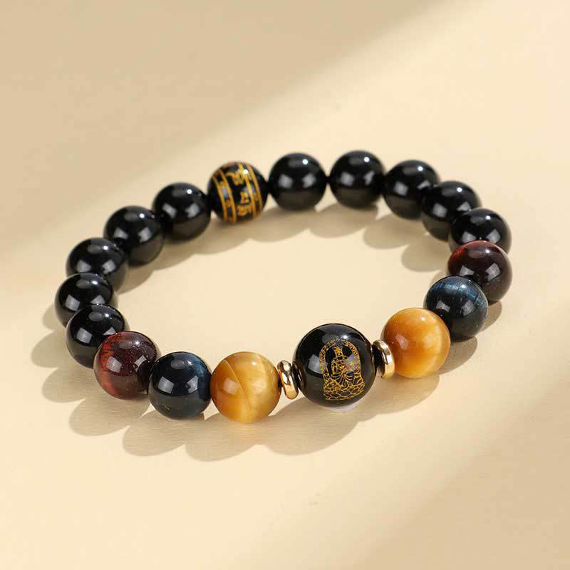 Pulsera de soporte de Buda con Buddha Stones de ónix negro, ojo de tigre, Om Mani Padme Hum, zodíaco chino