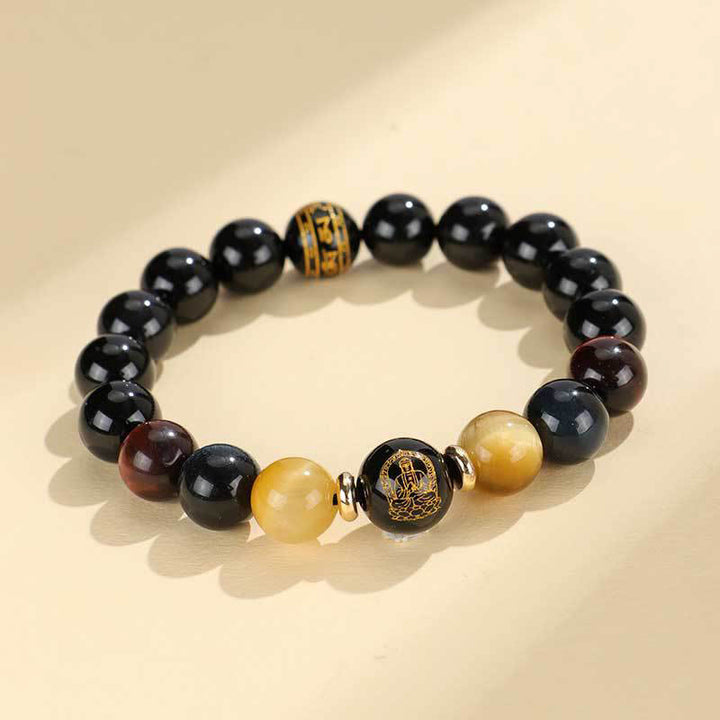 Pulsera de soporte de Buda con Buddha Stones de ónix negro, ojo de tigre, Om Mani Padme Hum, zodíaco chino