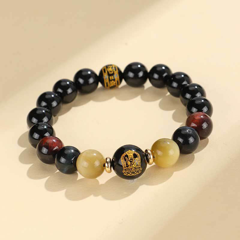Pulsera de soporte de Buda con Buddha Stones de ónix negro, ojo de tigre, Om Mani Padme Hum, zodíaco chino