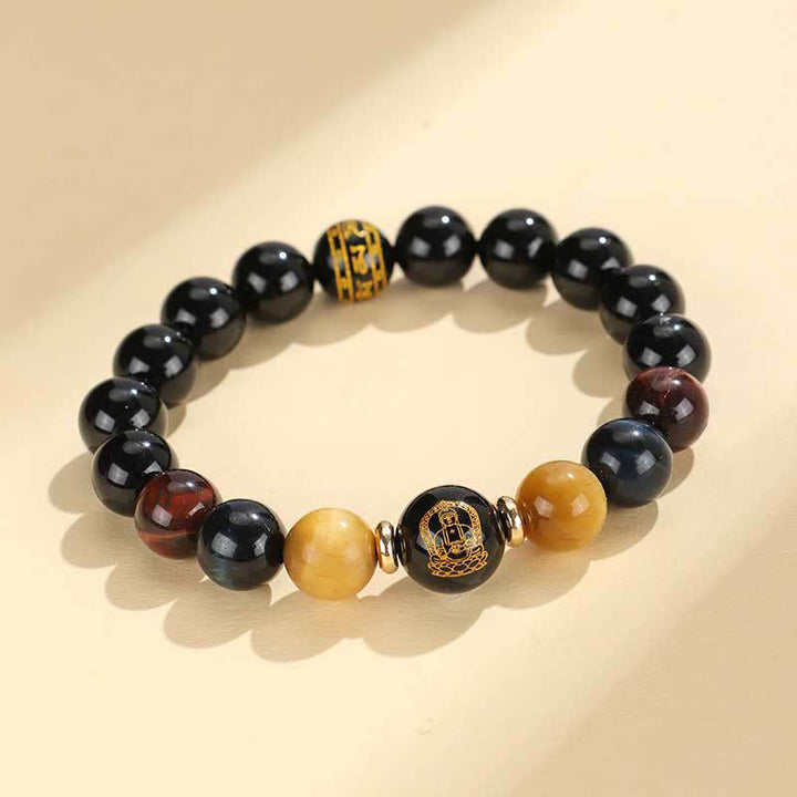 Pulsera de soporte de Buda con Buddha Stones de ónix negro, ojo de tigre, Om Mani Padme Hum, zodíaco chino
