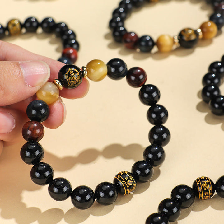 Pulsera de soporte de Buda con Buddha Stones de ónix negro, ojo de tigre, Om Mani Padme Hum, zodíaco chino